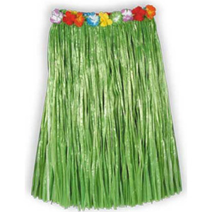 Green Hula Skirt - Artificial Grass w/ Floral Waist, Adult