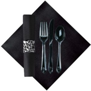 Caterwrap Black Linen Like Napkin/Clear Cutlery