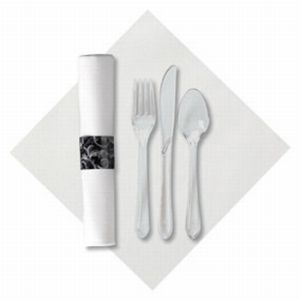 Caterwrap White Linen Like Napkin/Clear Cutlery