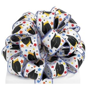 Graduation White Satin Ribbon w/Graduation Caps