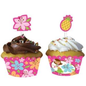 Pink Luau Fun Cupcake Wrappers w/Picks