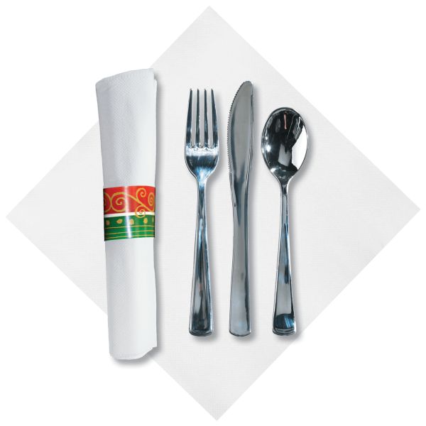 Caterwrap Holiday Linen Like Metallic Silver Rolled Cutlery Party at