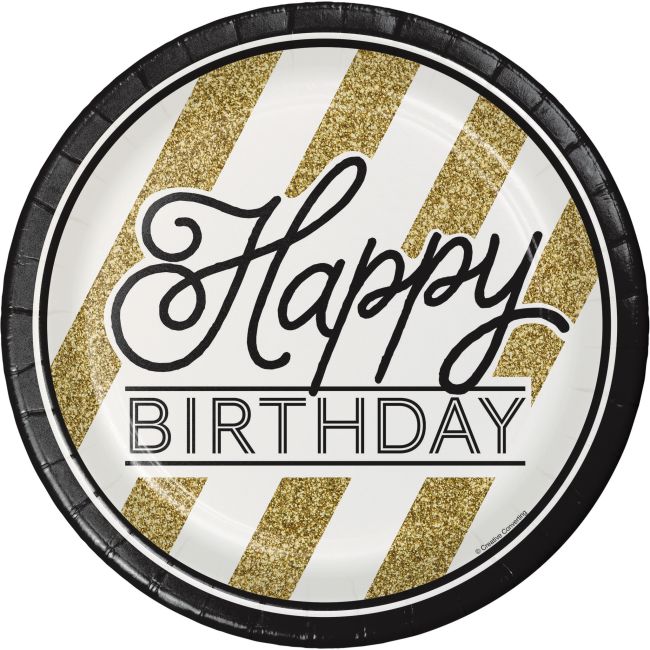 Black and Gold 9 Inch Paper Plates Happy Birthday Party Decorations 