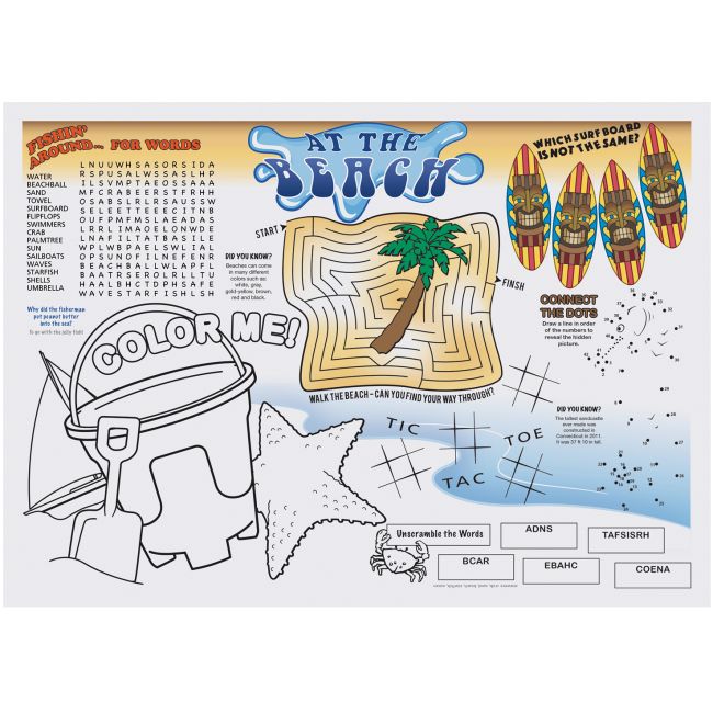 At The Beach Paper Placemats Seashore Kids Activity 1 Party at Lewis