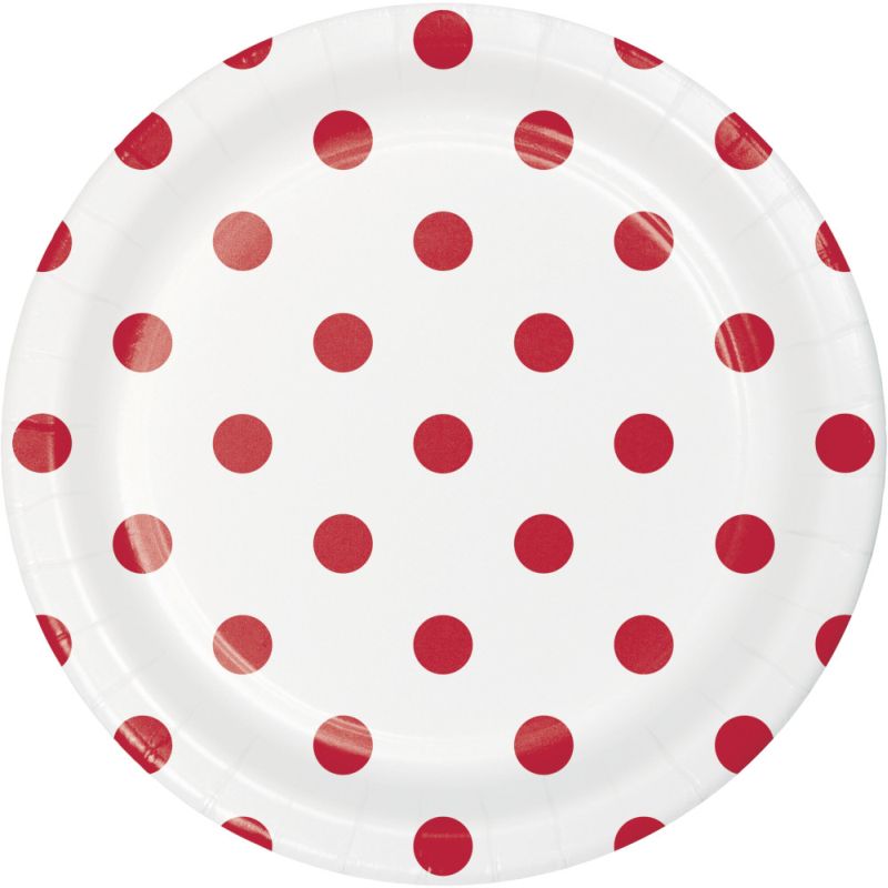 8 x 7" Paper Plates Ruby Red Dots Adults Party Tableware Supplies Polka Spotty 