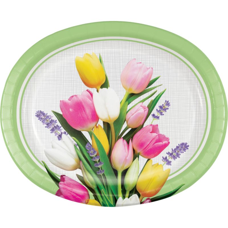 Spring Tulip Bouquet 12inch Oval Plates Party at Lewis Elegant Party