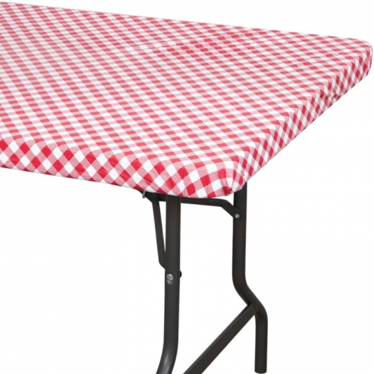 Red Classic Gingham 8' Banquet Stay Put Elastic Plastic Tablecloth