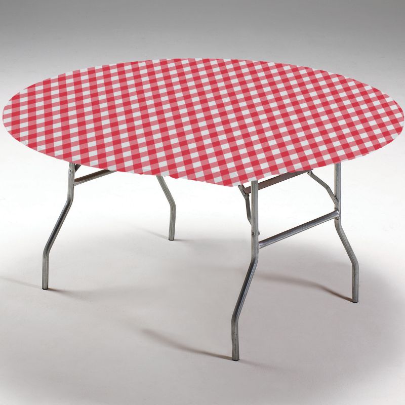 Red Classic Gingham Round Stay Put Elastic Fitted Plastic Tablecloth