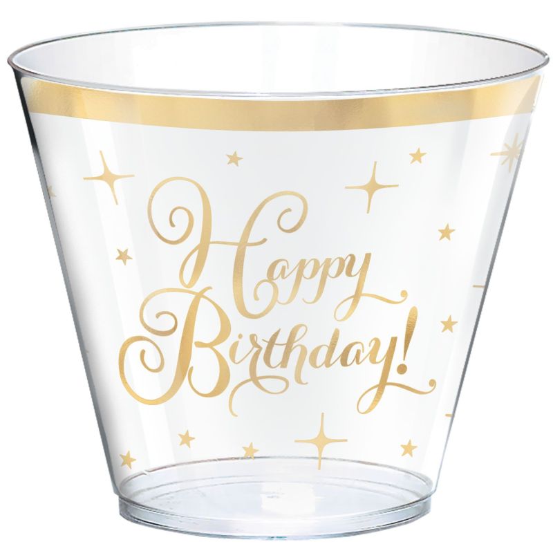 Gold Happy Birthday 9 oz Plastic Squat Glasses Party at Lewis Elegant